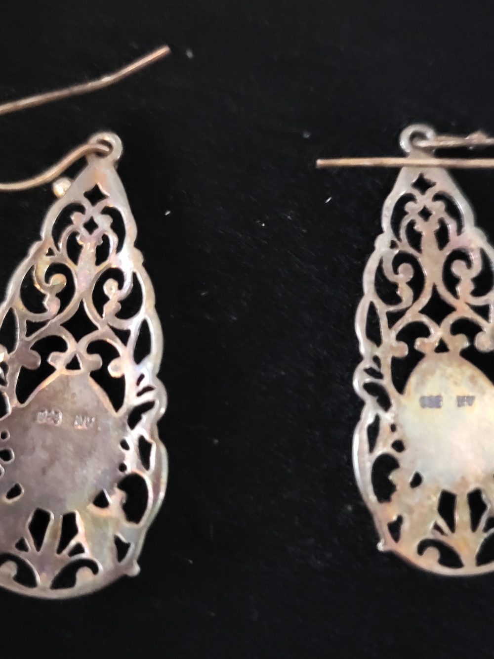 Vintage Boho, Art Deco, Delicate Filigree 925 Abalone Drop Earrings - Iridescent - Picture 3 of 5